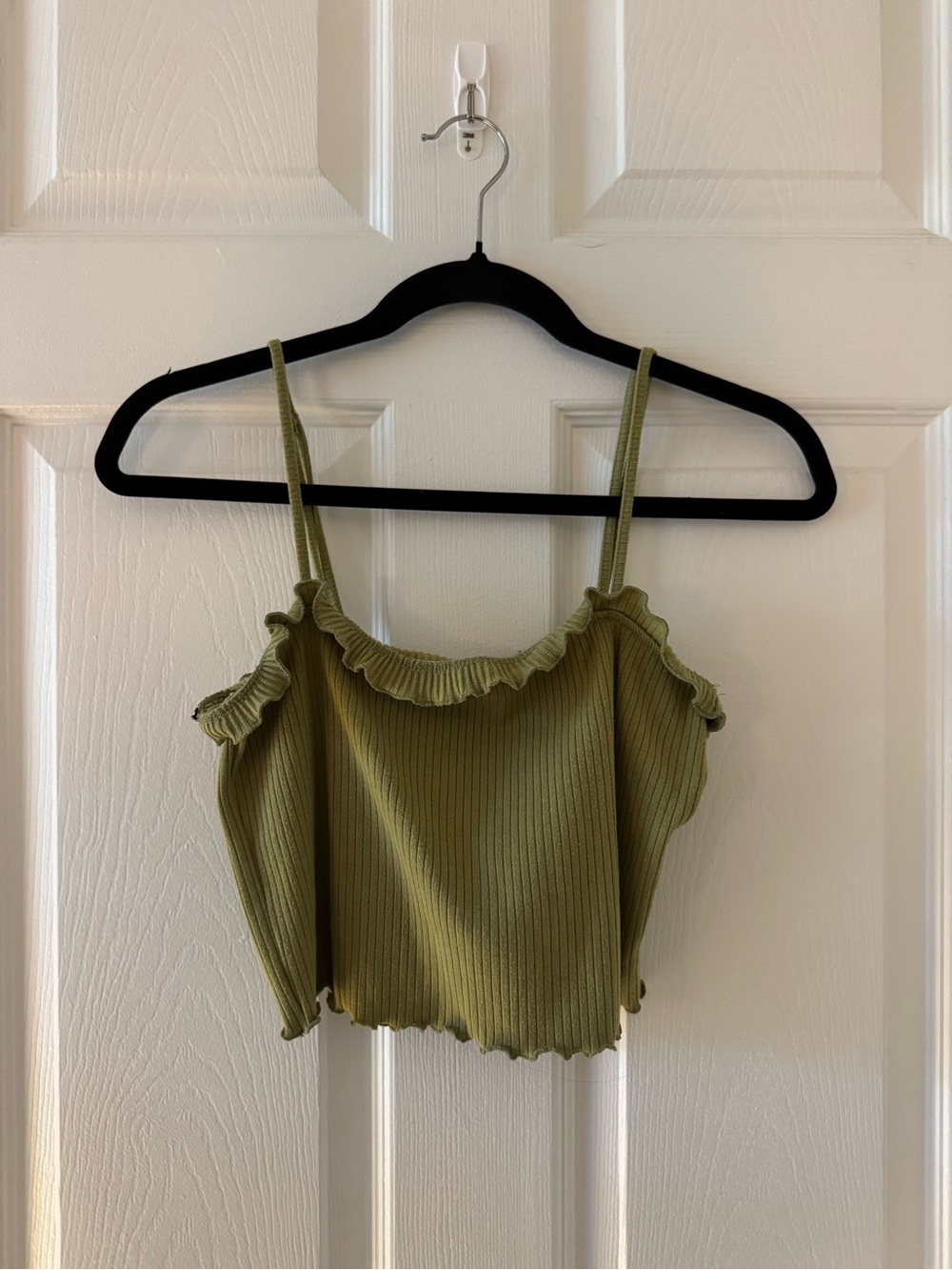 Olive green ribbed tank top with lettuce hem
